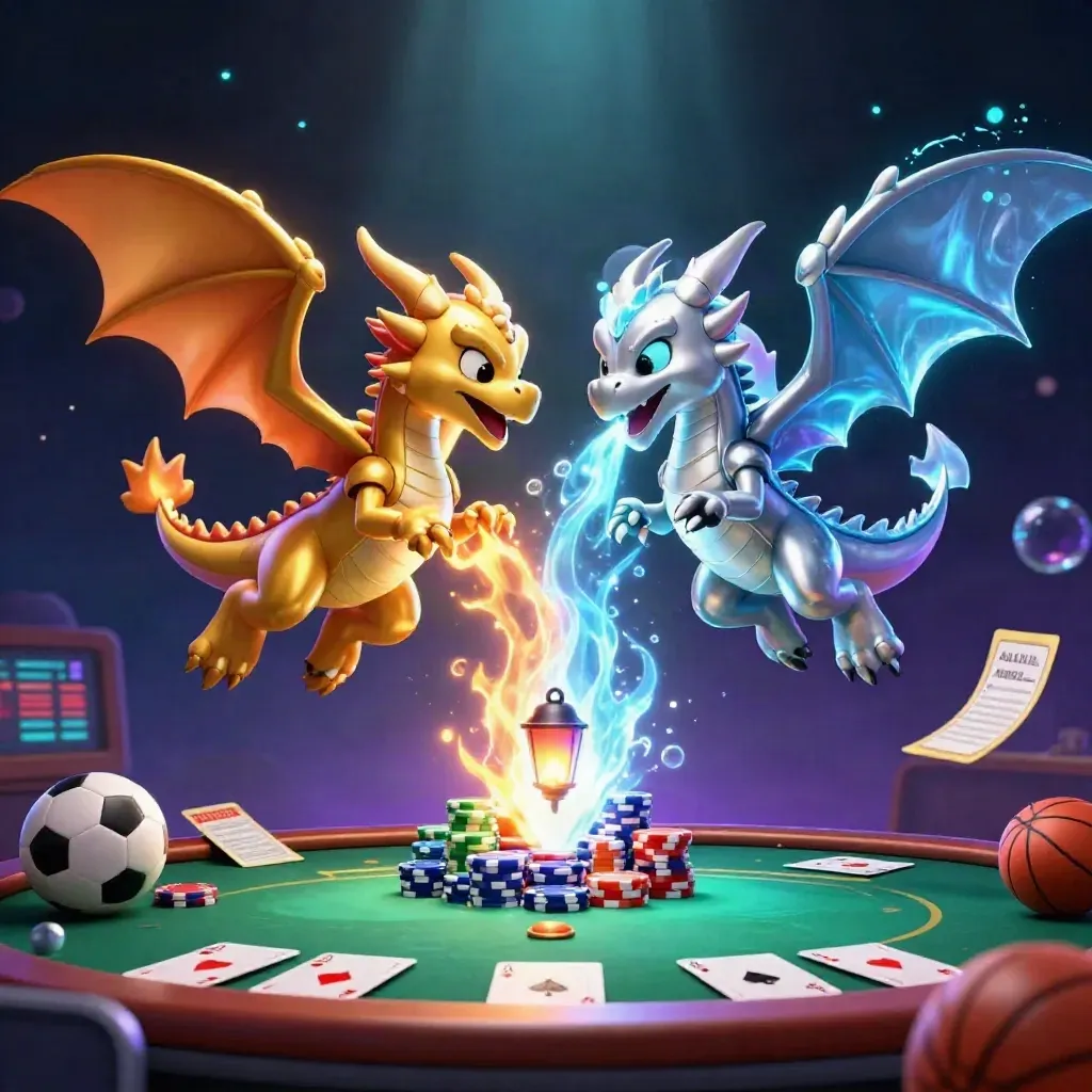 Two dragons twist over a poker table as chips, balls, and glowing cards fly in neon casino light.