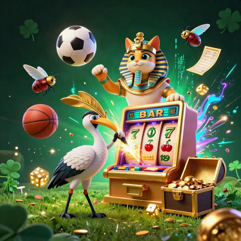 Pharaoh cat, ibis scribe, and scarabs amid sports balls, slot symbols, gold bursts, and neon casino energy.