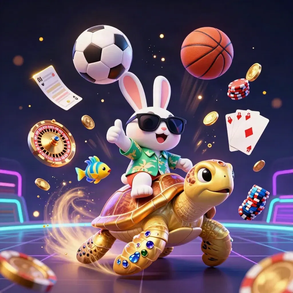 Lucky rabbit rides a gold turtle amid casino chips, coins, balls, cards and neon glow.