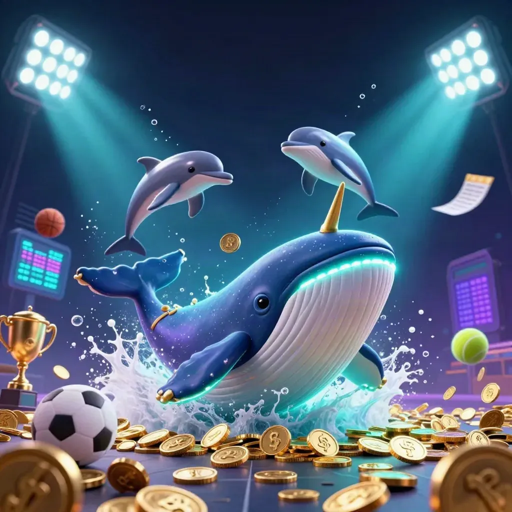 Neon whale, narwhal, and dolphins burst through coins with sports balls, trophy, and teal-purple glow.