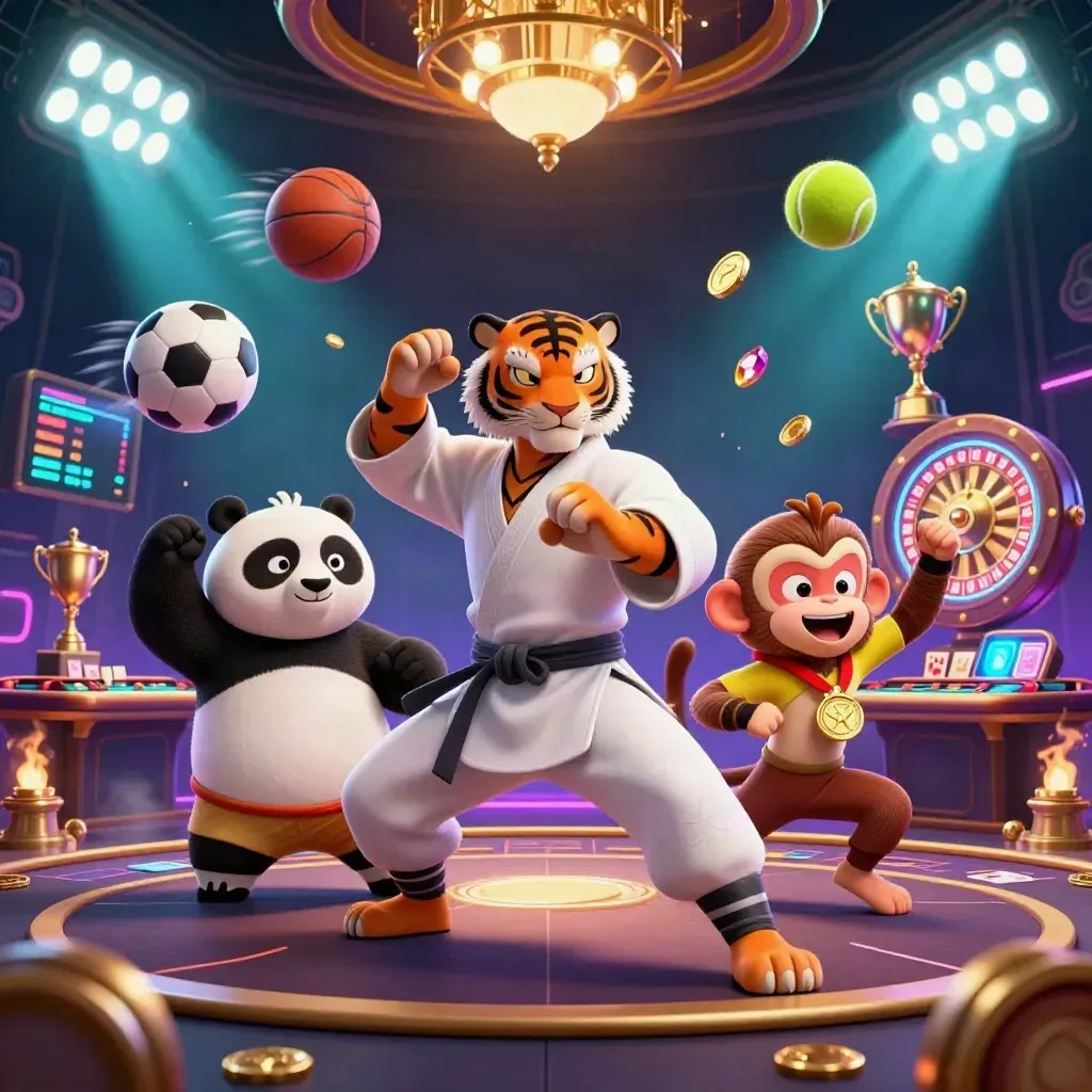 Kung-fu tiger, panda, and monkey in a neon casino with sports props and gold glow.