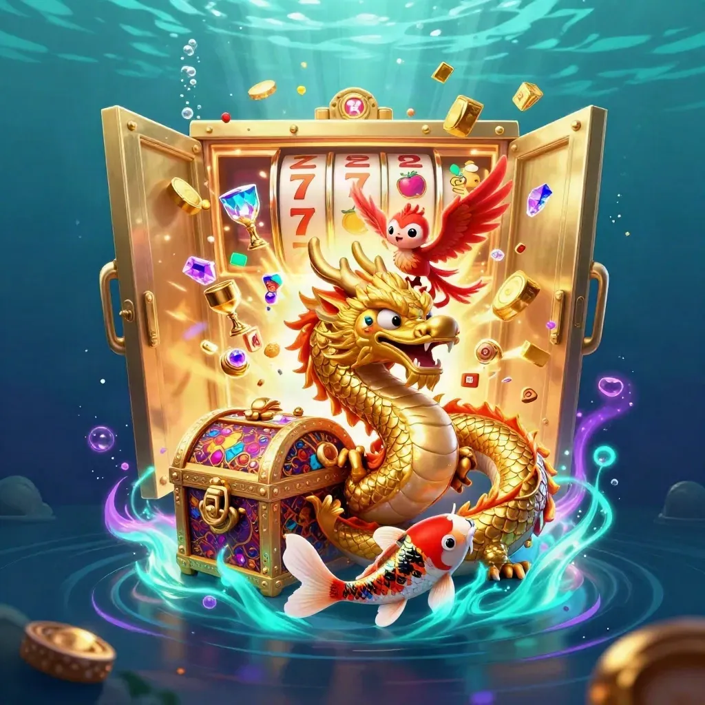 Golden dragon, baby phoenix, and koi erupting with treasure from an open vault underwater.