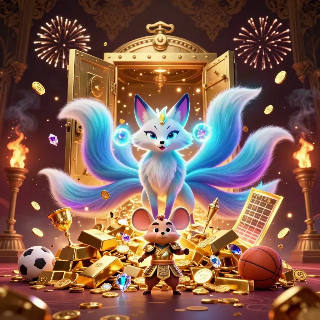 Nine-tailed neon fox spirit, armored mouse, vault gold, gems, and fireworks on a dark luxe casino backdrop