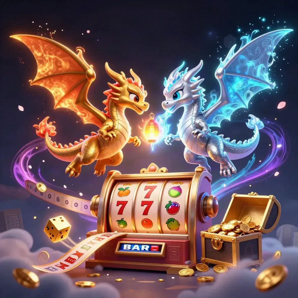 Twin gold and silver dragons swirl around a bursting slot machine with glowing reels and jackpots.