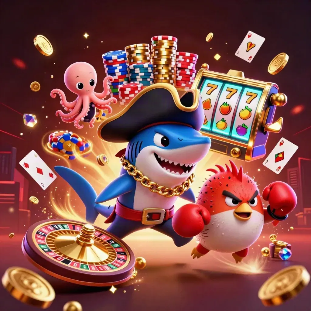 Pirate shark, boxing pufferfish, and coin-juggling octopus amid casino loot and neon glow.